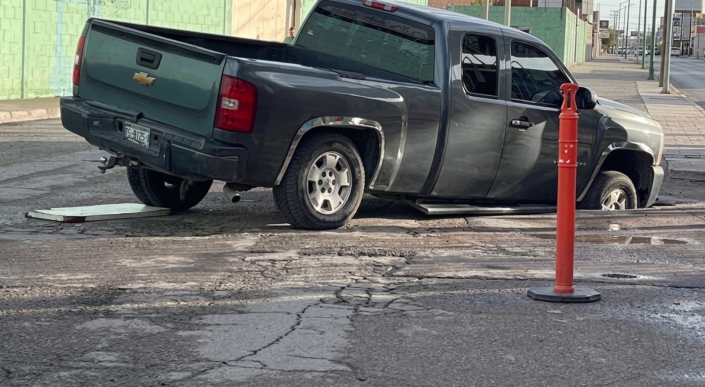 ¡LLUVIAS ABREN LA CALLE! Camioneta cae en ENORME SOCAVÓN en Ciudad Juárez; así quedó atrapada